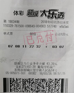 苏州购彩者喜中大乐透三等奖60注 揽获奖金18万元.jpg